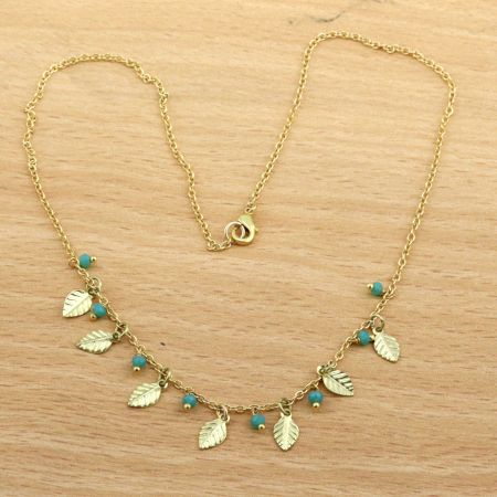 Leaf Charm & chalcedony necklace, Brass with 22k gold plated necklace for women